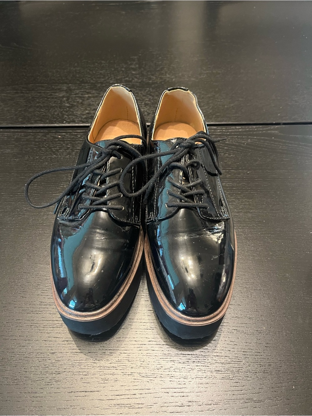 Madden Girl Black Patent Lace-Up Flats with Tan Trim
